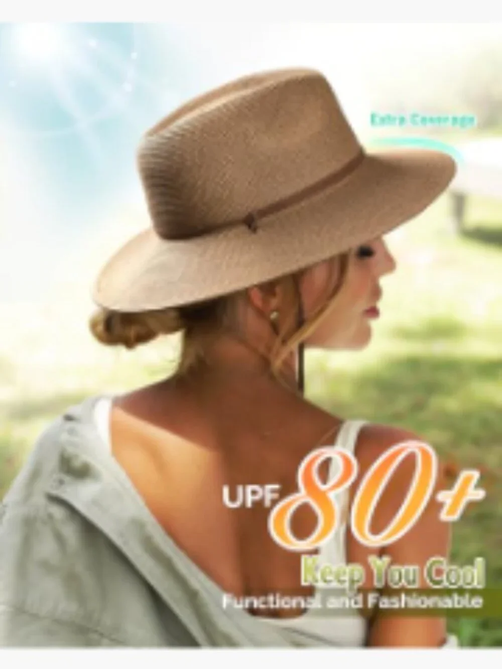 Wide Brim Straw Sun Hat with Wind Lanyard UPF 80+